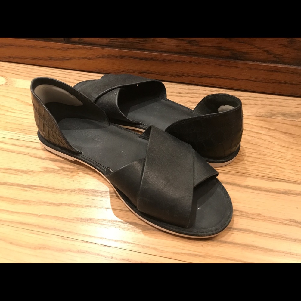 Vince black leather and croc embossed flats